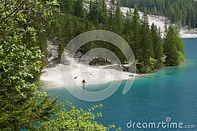 Braies lake seen from the path that surrounds Lake Braies. Dolomites, northern Italy, Europe Stock Photo