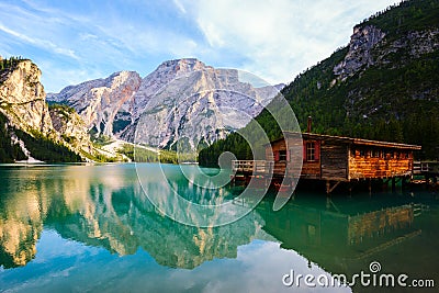 Braies Lake & x28; Pragser Wildsee & x29; in Dolomites mountains Stock Photo