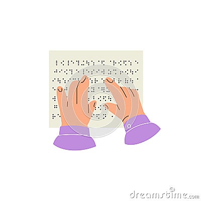 Braille language, vector hands tracing the points on pages, reading text on sheet with braille font letters for blind Vector Illustration