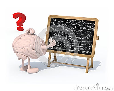 Brain with arms, legs and chalk on hand in front of blackboard Cartoon Illustration