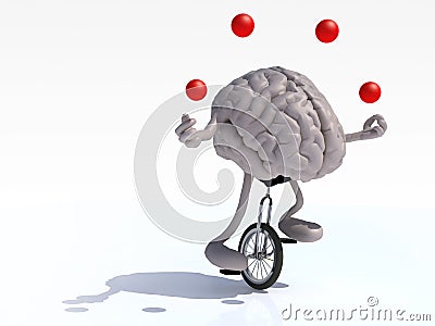 Brain with arms and legs juggle rides a unicycle Cartoon Illustration