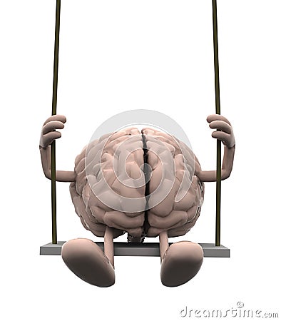 Brain with arms and legs on a swing Cartoon Illustration