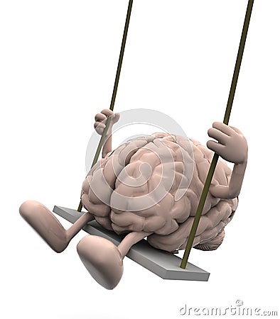 Brain with arms and legs on a swing Cartoon Illustration