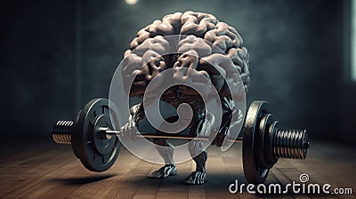 Brain with arms lifting a barbell. Generative AI Stock Photo