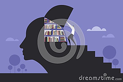 A person opening a human brain filled with books Vector Illustration