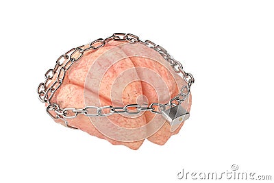 A brain bound by chains.3D illustration. Cartoon Illustration