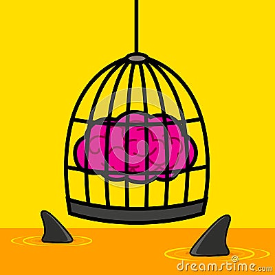 Brain in cage with shark Vector Illustration