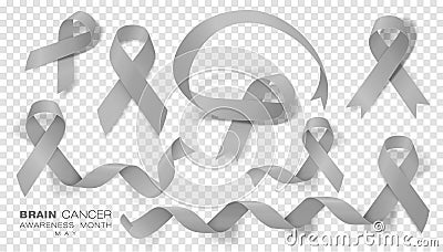 Brain Cancer Awareness Month. Grey Color Ribbon Isolated On Transparent Background. Vector Design Template For Poster Stock Photo