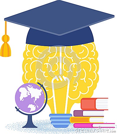 Brain and cap university graduate cap. Graduation gown. Vector Illustration