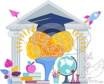 Brain and cap university graduate cap. Graduation gown. Vector Illustration