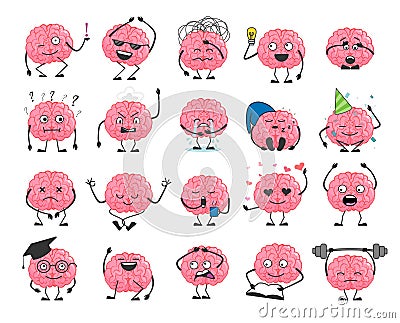 Brain cartoon character set with happy face smile. Cartoon Illustration