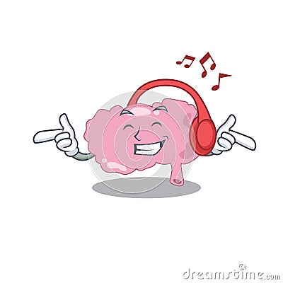 Brain Cartoon design concept listening music on headphone Vector Illustration