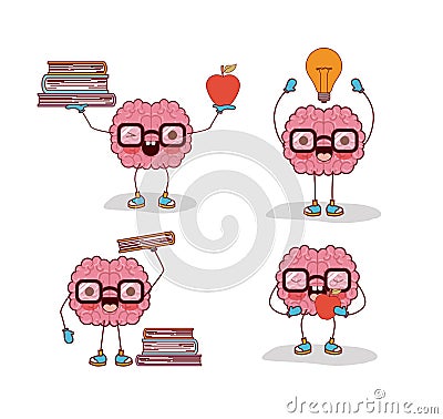 Brain cartoon set with glasses and books and apple and light bulb in white background Vector Illustration