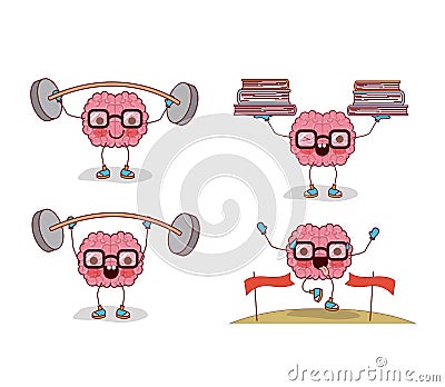 Brain cartoon set with glasses and exercising physical and mental in white background Vector Illustration