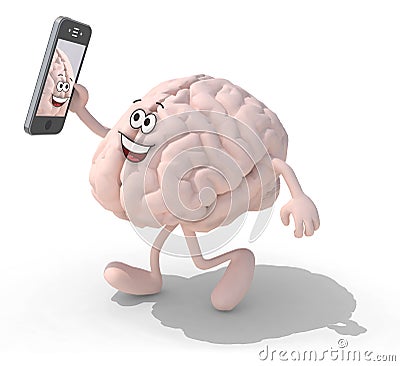 Brain cartoon take a self portrait with her smart phone Cartoon Illustration