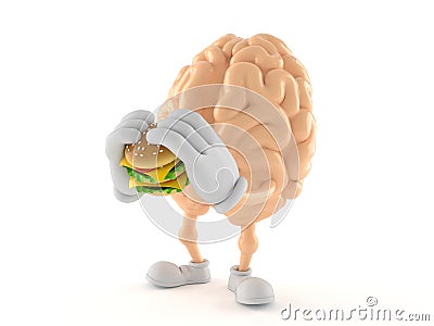 Brain character eating hamburger Cartoon Illustration