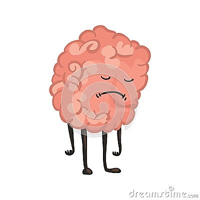 Brain character emotion. Brain character stands very upset. Funny cartoon emoticon. Vector illustration isolated on Vector Illustration