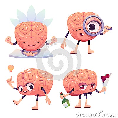 Brain characters, cartoon mascot with funny face Vector Illustration