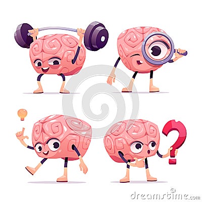 Brain characters, cartoon mascot with funny face Vector Illustration