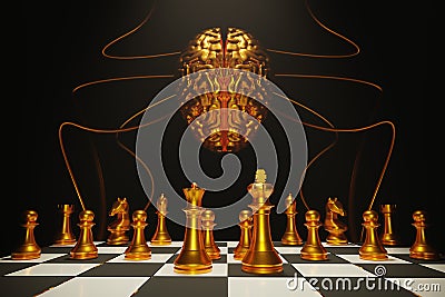 Brain chess armies on the wooden chessboard. Empty place for text. chess battle 3d illustration Cartoon Illustration