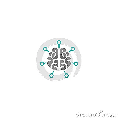 Brain with chip or hub system icon. Intellect, phsychology, knowledge power pictogram isolated on white. flat vector illustration Cartoon Illustration