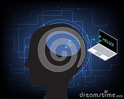Brain computer interface or brain machine interface is a direct communication pathway between the brain electrical activity and ex Vector Illustration