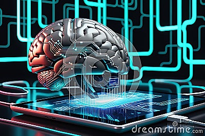 Brain Concept Integrated with a Tablet: Symbolizing the Metaverse, Neural Interface Cables Connecting Stock Photo