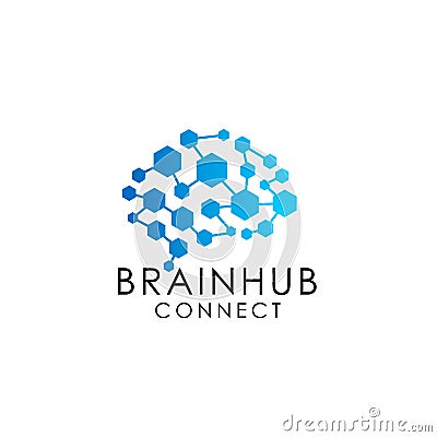 brain connection logo with hexagon. digital brain. brain hub logo design vector Vector Illustration