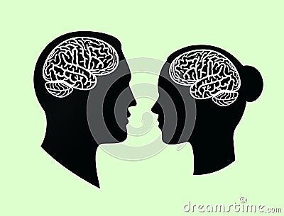 brain convolutions in male and female black human head silhouette, flat vector illustration Vector Illustration