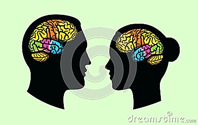 brain convolutions in male and female black human head silhouette, flat vector illustration Vector Illustration