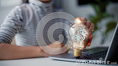 Brain development business ideas, business people show creative ideas to modernize the work processes of the brain with a cog in Stock Photo