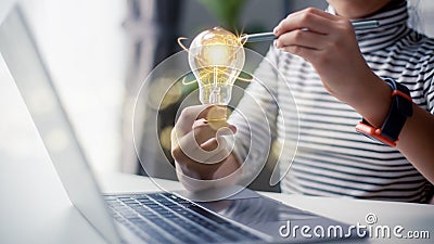 Brain development business ideas, business people show creative ideas to modernize the work processes of the brain with a cog in Stock Photo