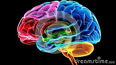 A brain with different areas highlighted showing how CBT can target specific cognitive functions Stock Photo