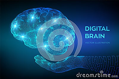 Brain. Digital brain in hand. 3D Science and Technology concept. Neural network. IQ testing, artificial intelligence virtual Cartoon Illustration