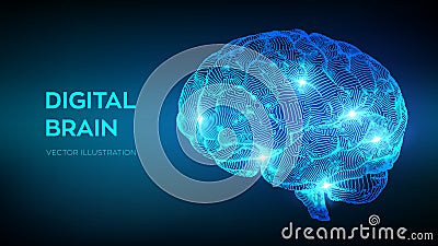 Brain. Digital brain. 3D Science and Technology concept. Neural network. IQ testing, artificial intelligence virtual emulation Cartoon Illustration