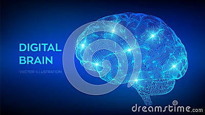 Brain. Digital brain. 3D Science and Technology concept. Neural network. IQ testing, artificial intelligence virtual emulation Cartoon Illustration
