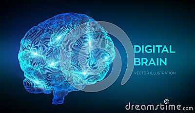 Brain. Digital brain. 3D Science and Technology concept. Neural network. IQ testing, artificial intelligence virtual emulation Cartoon Illustration