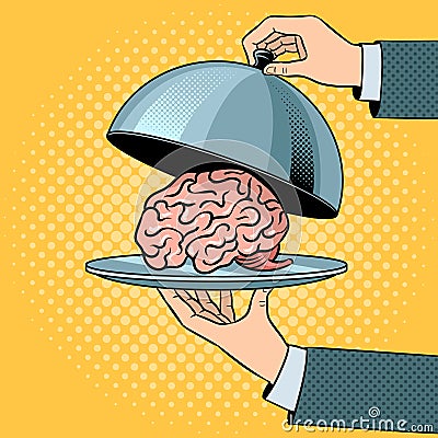 Brain on dish with cloche pop art vector Vector Illustration