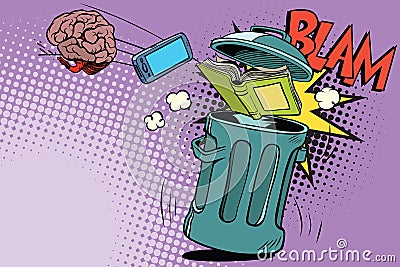 Brain electronics and a book thrown in the trash Vector Illustration