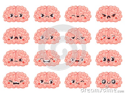 Brain emoticons. Cute brains characters with different face expression. Happy and angry, wink and sad, creative avatar Vector Illustration