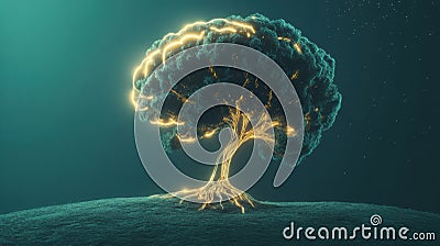 A brain evolves into a tree with glowing branches and roots, symbolizing the connection between knowledge and natural Stock Photo
