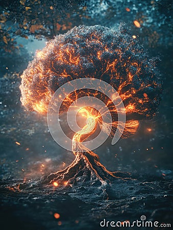 A brain evolves into a tree with glowing neural branches and roots, illustrating the connection between knowledge and Stock Photo