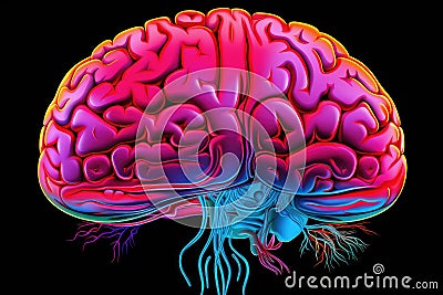 Brain Excitatory & inhibitory signals via neurons. Glial cells, including astrocytes & microglia, neural functions. Nervous system Cartoon Illustration