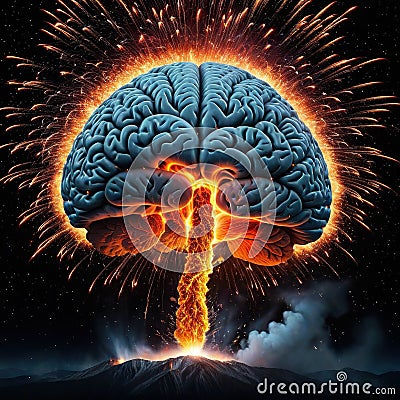 a brain exploding with a lot of fire and sparks in the middle of with a black background and a black background with a red Cartoon Illustration