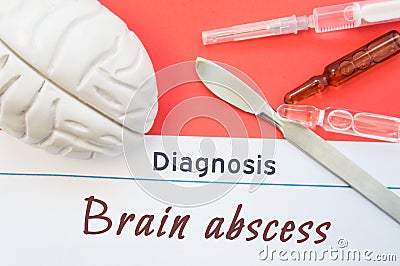 Brain figure, surgical scalpel, syringe and vials lying around title Diagnosis Brain Abscess. Concept photo for diagnosis, surgica Stock Photo