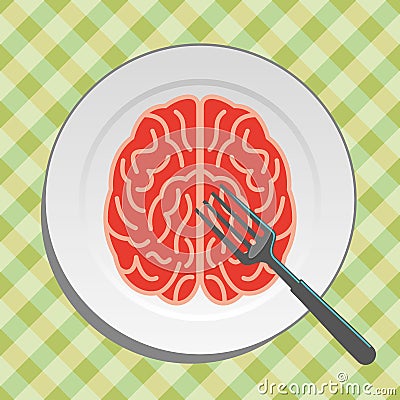 Brain food on plate with fork and knife - Vector Illustration