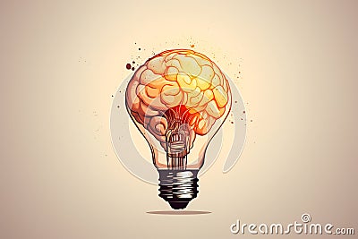 Brain in form of burning light bulb. Concept of active brains function or operating. Generative AI Stock Photo