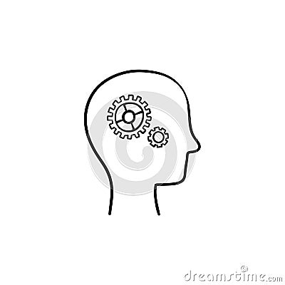 Brain with gears head hand drawn sketch icon. Vector Illustration