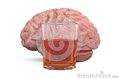 Brain and glass with alcohol drink, alcoholism concept. 3D Stock Photo