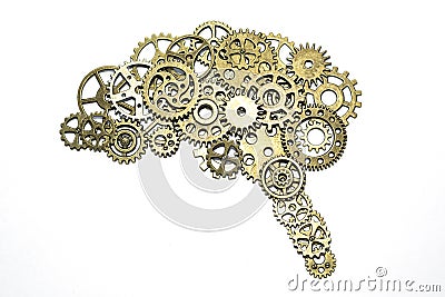 Brain of golden gears on a white background. assembled from the details of the puzzle. Stock Photo